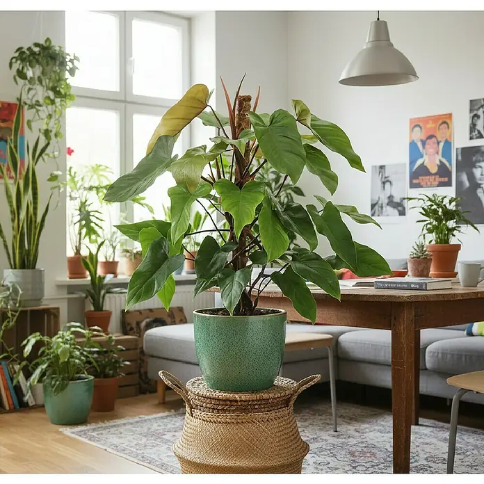 Piardino Baumfreund - Philodendron ‘Red Emerald’, Topfgröße: 19 cm - Türkisgrüner, strukturierter Übertopf mit großer Pflanze auf einem Weidenkorb in einem hellen Wohnzimmer.