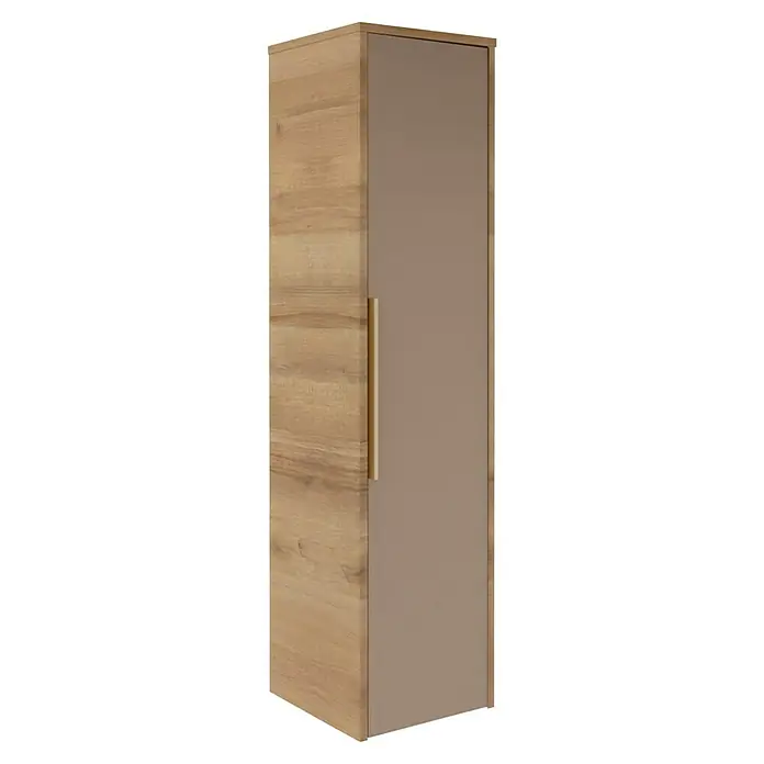 Camargue Silk Midischrank - B x T x H: 30,4 x 32,5 x 121,6 cm, Berg Eiche Holzoptik/Goldbronze, DIN Anschlag: Rechts - Hoher Schrank mit heller Holzmaserung und beiger Tür mit vertikalem Griff.