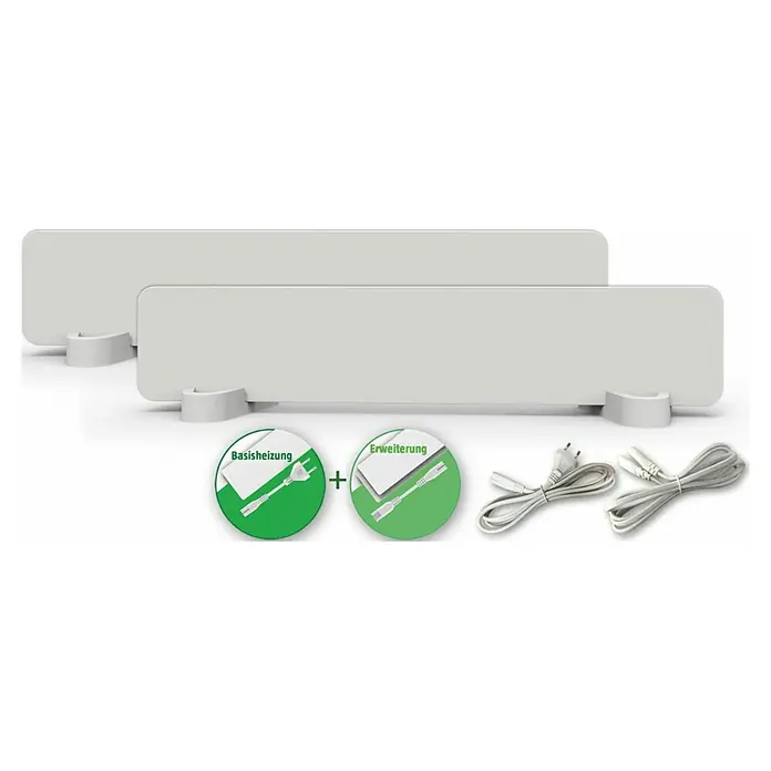Jollytherm Infrarotheizkörper Anti-Schimmel Set - B x H: 50 x 10 cm, 50 W, 2 -tlg. - Weiße, rechteckige, modulare Heizpaneele auf Ständern mit Anschlusskabeln.