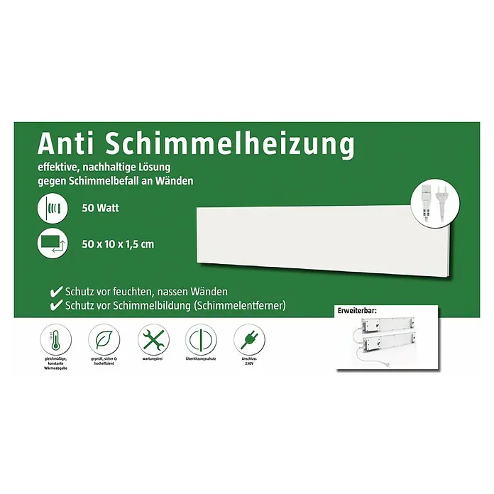 Jollytherm Infrarotheizkörper Anti-Schimmel - B x H: 50 x 10 cm, 50 W, 1 -tlg. - Weißes, rechteckiges Anti-Schimmel-Heizpaneel, 50x10x1.5cm, 50W, mit Netzkabel. Erweiterbares System zum Schutz vor Feuchtigkeit und Schimmel.