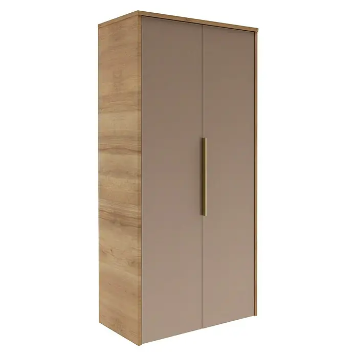 Camargue Silk Midischrank - B x T x H: 60,4 x 32,5 x 121,6 cm, Berg Eiche Holzoptik/Goldbronze - Moderner Kleiderschrank mit holzgemaserten Seitenwänden und zwei matten taupefarbenen Türen mit langem Messinggriff.