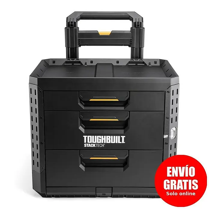 ToughBuilt StackTech Caja profesional con ruedas - An x Pr x Al: 52 x 58,5 x 67 cm, Plástico, Número de cajones: 3 ud. - Caja de herramientas rodante Toughbuilt Stacktech negra con tres cajones y asa retráctil.