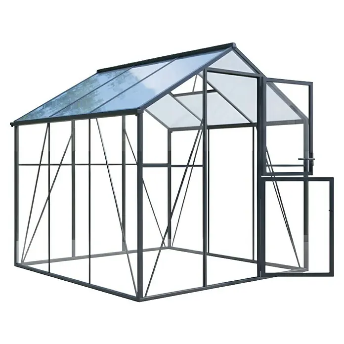 Geo garden Gewächshaus Paris 2 - Außenmaß inkl. Dachüberstand (B x T): 236,6 x 232,1 cm, Anthrazit - Gewächshaus mit dunkelgrauem Rahmen und transparenten Scheiben, mit offener Tür.