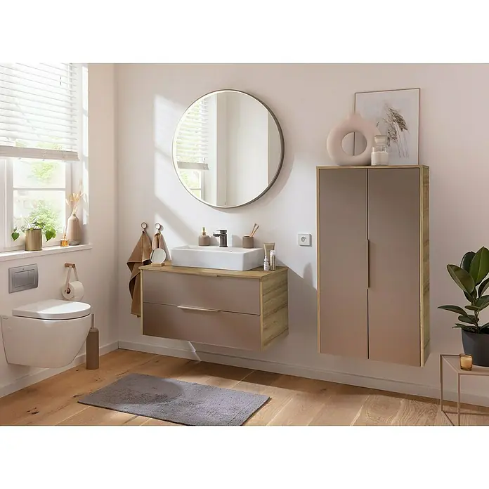 Camargue Silk Midischrank - B x T x H: 60,4 x 32,5 x 121,6 cm, Berg Eiche Holzoptik/Goldbronze - Modernes Badezimmer-Waschtisch und Hochschrank-Set in Holzoptik und Taupe-Finish.