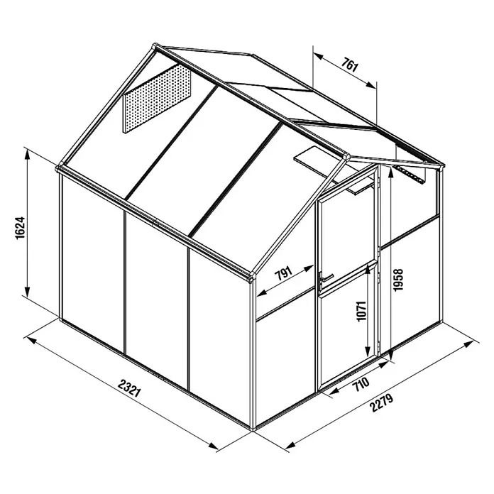 Geo garden Gewächshaus Paris 2 - Außenmaß inkl. Dachüberstand (B x T): 236,6 x 232,1 cm, Anthrazit - Strichzeichnung eines Gewächshauses mit detaillierten Maßen.