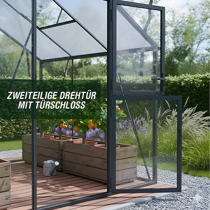Geo garden Gewächshaus Paris 2 - Außenmaß inkl. Dachüberstand (B x T): 236,6 x 232,1 cm, Anthrazit - Dunkelgrau gerahmtes Gewächshaus mit klaren Scheiben, mit geöffneter zweiteiliger Drehtür und Schloss, im Garten.