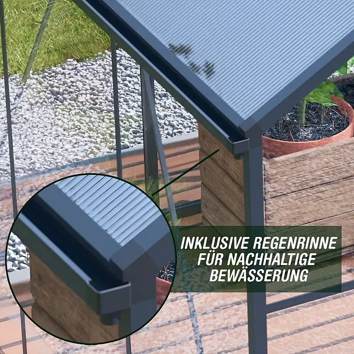 Geo garden Gewächshaus Paris 2 - Außenmaß inkl. Dachüberstand (B x T): 236,6 x 232,1 cm, Anthrazit - Dunkelgraues Gewächshaus mit Polycarbonatdach und integrierter Regenrinne für nachhaltige Bewässerung.