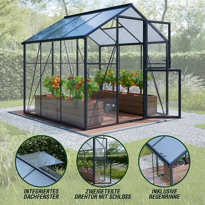 Geo garden Gewächshaus Paris 2 - Außenmaß inkl. Dachüberstand (B x T): 236,6 x 232,1 cm, Anthrazit - Schwarz gerahmtes Gewächshaus mit transparenten Platten und Holzsockel, mit Hochbeeten und Pflanzen im Garten.
