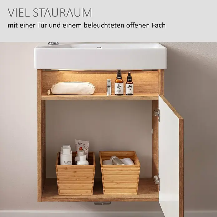 Camargue Pure Badmöbel-Set - Gesamtbreite Badmöbel: 55 cm, Berg Eiche, Matt - Holzwaschtischunterschrank mit weißem Waschbecken, beleuchtetem Fach und weißer Tür, zur Aufbewahrung von Kosmetika.