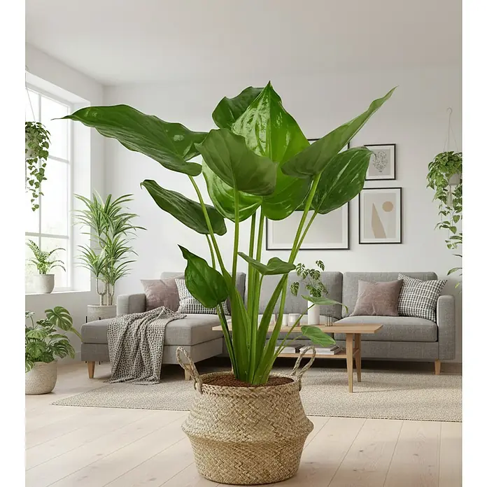 Piardino Pfeilblatt - Alocasia cucullata, Topfgröße: 24 cm - Große grüne Zimmerpflanze in einem natürlichen Korbtopf, schmückt ein Wohnzimmer.
