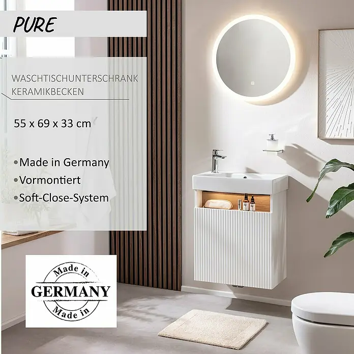 Camargue Pure Badmöbel-Set - Gesamtbreite Badmöbel: 55 cm, Weiß/Eiche, Matt - Moderner weißer Waschtischunterschrank mit Keramikbecken, vormontiert, Soft-Close-System und Made in Germany. Maße: 55x69x33cm.