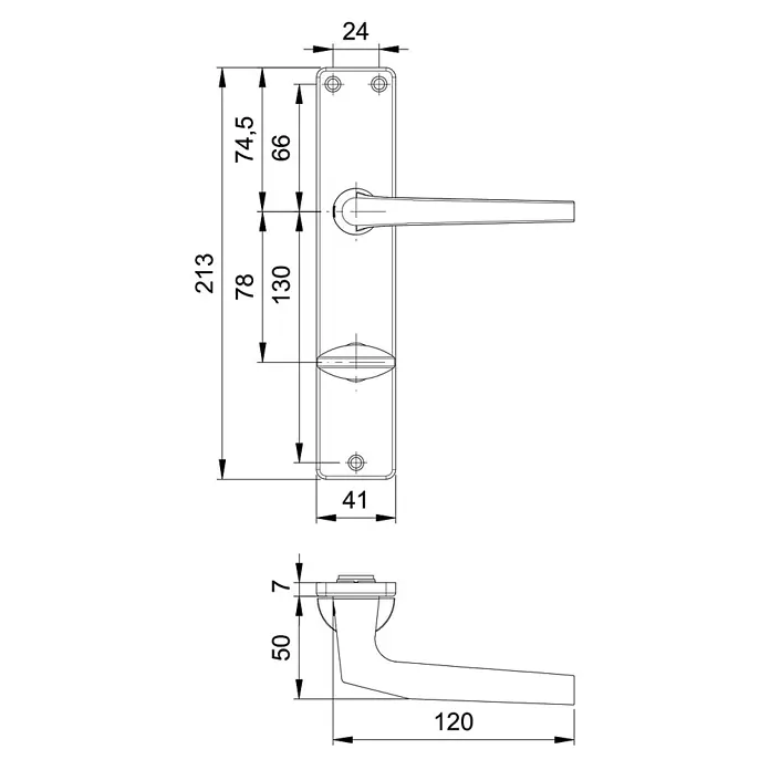 Portaferm WC-Drückergarnitur - Schlitzkopf/Olive, Aluminium, Langschild - Technische Zeichnung einer Türdrückergarnitur mit Langschild, Vorder- und Seitenansichten, mit allen Schlüsselmaßen.