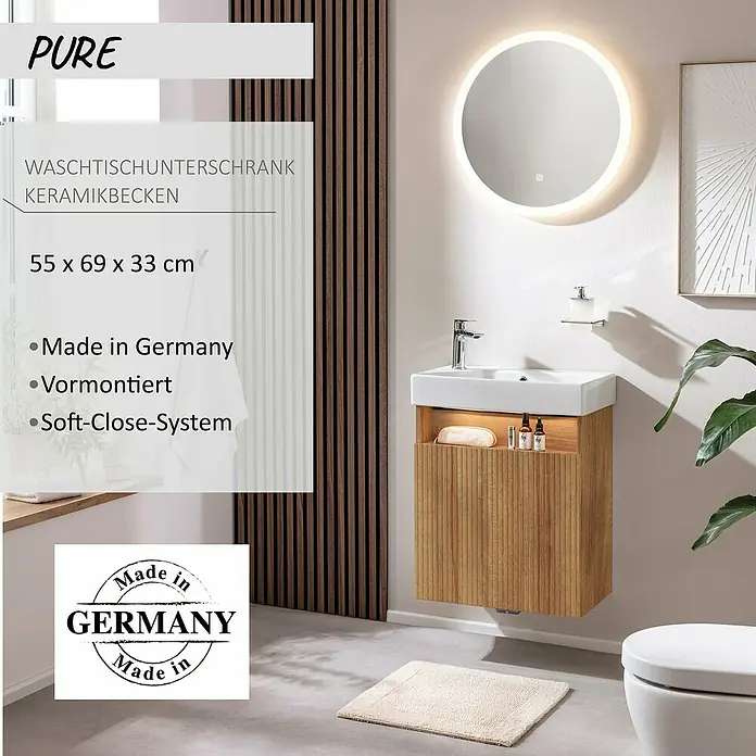 Camargue Pure Badmöbel-Set - Gesamtbreite Badmöbel: 55 cm, Berg Eiche, Matt - Moderner Waschtischunterschrank aus Holz mit weißem Keramikbecken und rundem beleuchteten Spiegel im Bad.