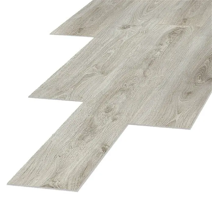 LOGOCLIC Laminado Hidro Roble Lucca - 1.380 x 191 x 8 mm, Marrón, AC5, Resistente al agua - Tablones de suelo efecto madera clara dispuestos en diagonal.