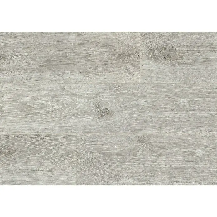 LOGOCLIC Laminado Hidro Roble Lucca - 1.380 x 191 x 8 mm, Marrón, AC5, Resistente al agua - Tablas de suelo gris claro con aspecto de madera, veta y nudos visibles.