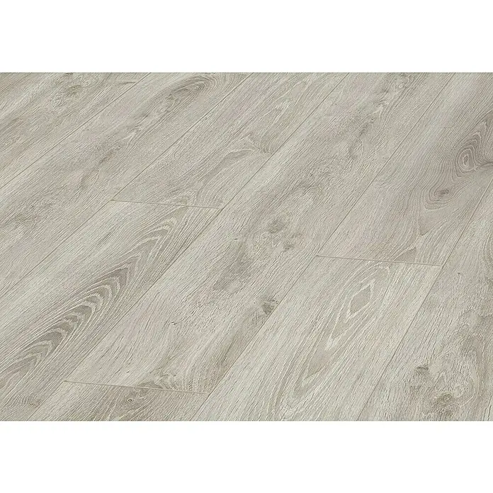 LOGOCLIC Laminado Hidro Roble Lucca - 1.380 x 191 x 8 mm, Marrón, AC5, Resistente al agua - Suelo laminado claro con veta de madera visible y juntas entre las lamas.