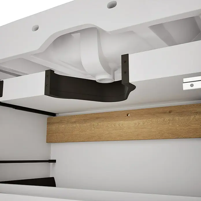 VitrA Sento Badmöbel-Set Sento - 98 cm, Anthrazit, 2 Schubladen - Unterseite einer weißen Waschtischeinheit mit schwarzen Montagehalterungen, Abflussrohr und Holzrückwand.
