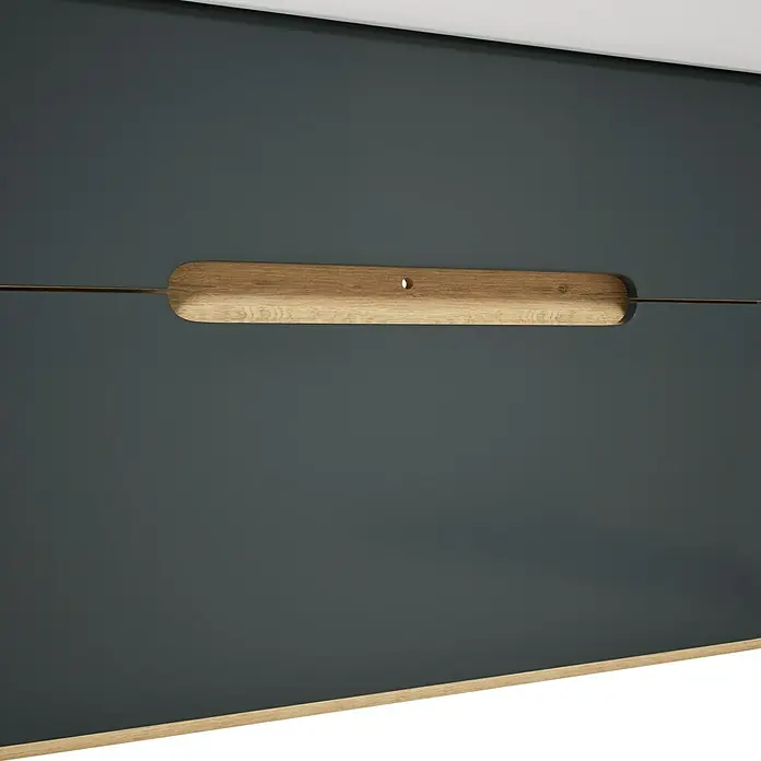VitrA Sento Badmöbel-Set Sento - 98 cm, Anthrazit, 2 Schubladen - Dunkelgraue Schrankplatte mit horizontalem Holzgriff, zentraler Bohrung und dünnen Metallverlängerungen.