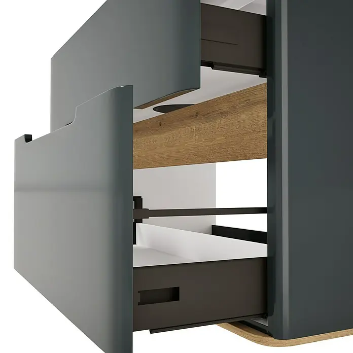 VitrA Sento Badmöbel-Set Sento - 98 cm, Anthrazit, 2 Schubladen - Dunkelgrauer Schubladenschrank mit zwei teilweise geöffneten Schubladen und einer inneren Holzablage.
