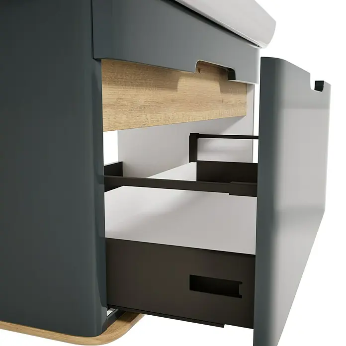 VitrA Sento Badmöbel-Set Sento - 98 cm, Anthrazit, Griffmulde - Offene dunkelgraue Schublade mit Holzverkleidung, weißem Innenraum und schwarzen Trennern.