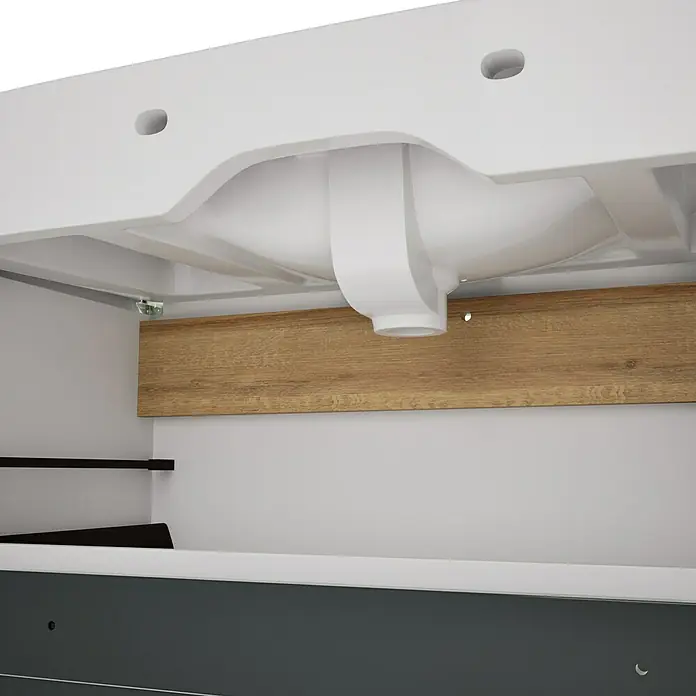VitrA Sento Badmöbel-Set Sento - 98 cm, Anthrazit, Griffmulde - Unteransicht eines weißen Keramikwaschbeckens mit Holzträger und dunkelgrauem Unterschrank darunter.