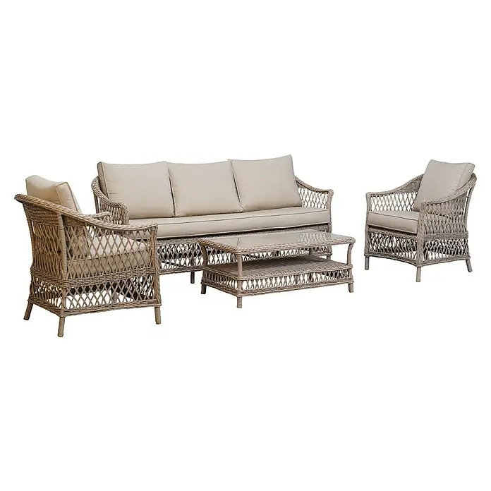 Sunfun Conjunto de muebles Soraya - 4 pzs., Ratán sintético/Aluminio/Poliéster, Beige/Gris - Conjunto de muebles de jardín de mimbre beige claro: sofá, dos sillones y mesa de centro con cristal.