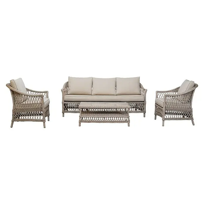 Sunfun Conjunto de muebles Soraya - 4 pzs., Ratán sintético/Aluminio/Poliéster, Beige/Gris - Conjunto de muebles de jardín de mimbre claro con dos sillones, un sofá y una mesa de centro con cojines neutros.