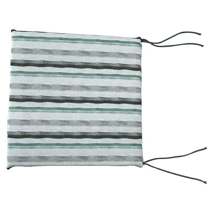 Cojín para asiento Rayas - 2 ud., L x An x Al: 40 x 40 x 3,5 cm, 50% algodón 50% poliéster, Gris/Verde - Funda de cojín cuadrada de tela con rayas horizontales blancas, grises y verdes, con lazos en dos esquinas.