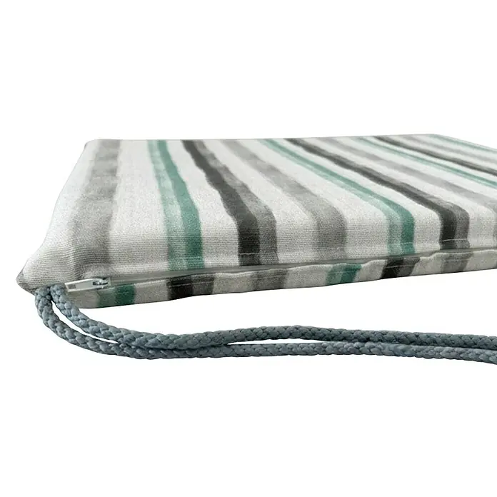 Cojín para asiento Rayas - 2 ud., L x An x Al: 40 x 40 x 3,5 cm, 50% algodón 50% poliéster, Gris/Verde - Cojín a rayas con franjas verdes y grises, cremallera y asa de cuerda gris.