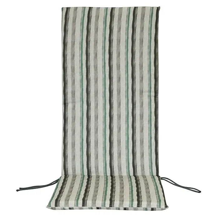 Cojín para asiento de posiciones Rayas - Sillón de posiciones, 1 ud., L x An x Al: 120 x 45 x 3,5 cm, Gris/Verde - Cojín de silla de respaldo alto a rayas con franjas verticales grises, negras y verdes, con lazos.