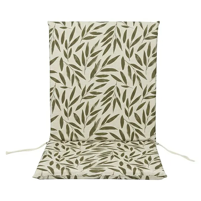 Cojín para respaldo alto Hojas - Taupe, L x An x Al: 95 x 45 x 3,5 cm, Específico para: Silla de respaldo alto - Cojín para silla con patrón de hojas verde oliva sobre fondo claro, con respaldo y asiento con lazos.