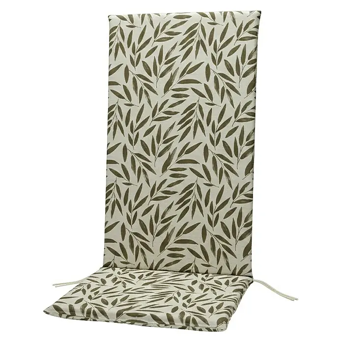 Cojín para asiento de posiciones Hojas - Sillón de posiciones, 1 ud., L x An x Al: 120 x 45 x 3,5 cm, Taupe - Cojín para silla con estampado de hojas verde oliva sobre fondo claro y lazos en las esquinas.