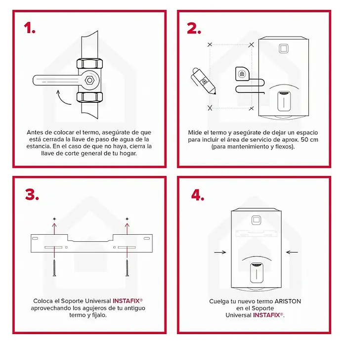 Ariston Soporte universal Instafix - Blanco, Acero - Guía ilustrada de cuatro pasos para instalar un calentador de agua ARISTON con un soporte universal INSTAFIX.