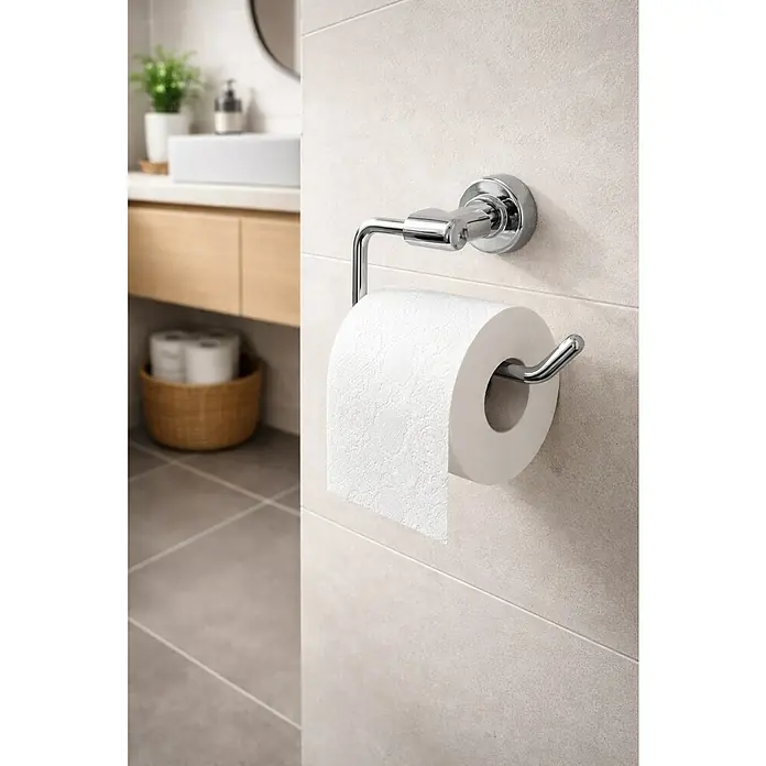 Camargue Lyon Portarrollos papel higiénico -  - Portarrollos de papel higiénico cromado montado en una pared de azulejos claros del baño, con un rollo blanco.