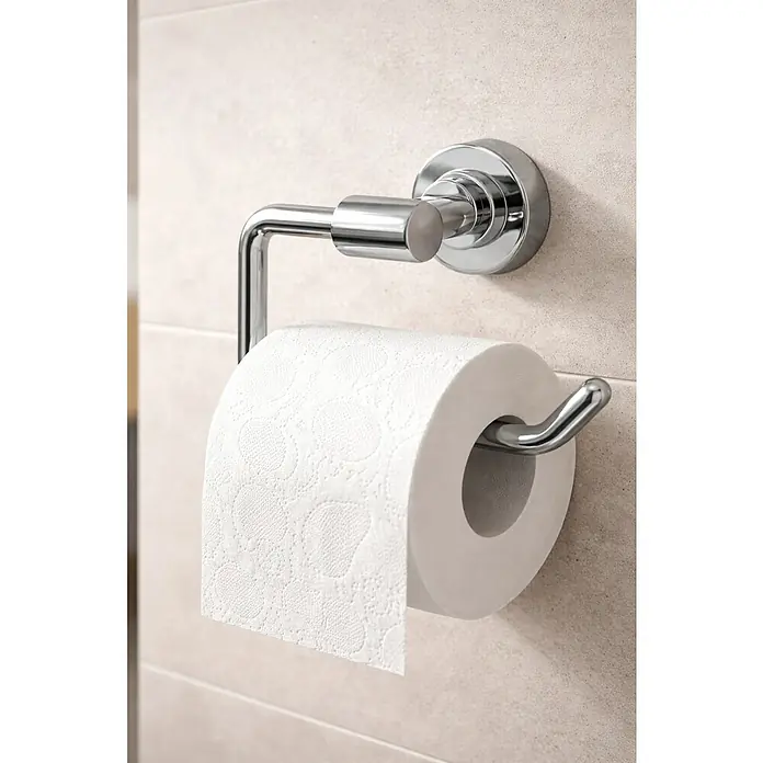 Camargue Lyon Portarrollos papel higiénico -  - Portarrollos de papel higiénico cromado con un rollo blanco, montado en una pared alicatada.