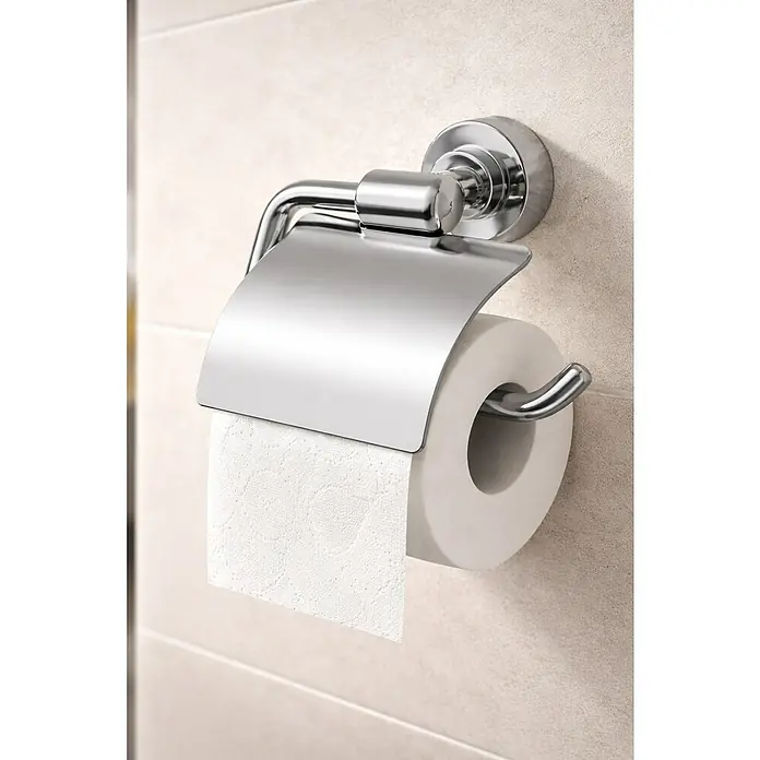 Camargue Lyon Portarrollos papel higiénico -  - Portarrollos de papel higiénico cromado con tapa, montado en una pared de baño alicatada, con un rollo.