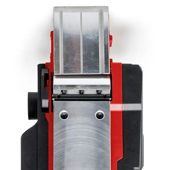 Einhell Elektrohobel TE-PL 920 - 920 W - Aufsicht auf das rote und schwarze Gehäuse eines Elektrohobels mit silberner Grundplatte und sichtbaren Hobelmessern.