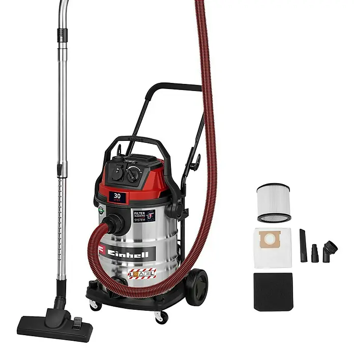 Einhell Elektro-Nass- & Trockensauger TE-VC 3080 SACL - 1.150 W, Behältervolumen: 30 l, Halbautomatisch - Silber-roter Nass-/Trockensauger mit Schlauch, Teleskoprohr, Bodendüse, Faltenfilter, Schaumstofffilter und Zubehör.