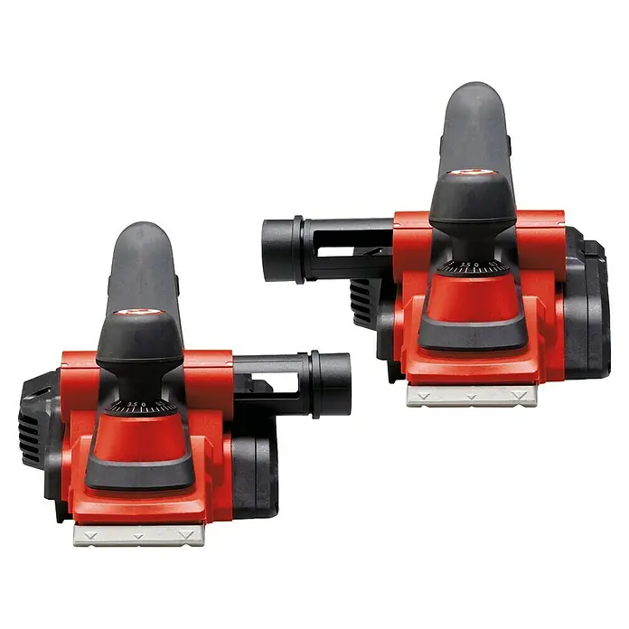 Einhell Elektrohobel TE-PL 920 - 920 W - Zwei rot-schwarze Elektrohobel mit Tiefeneinstellrädern.