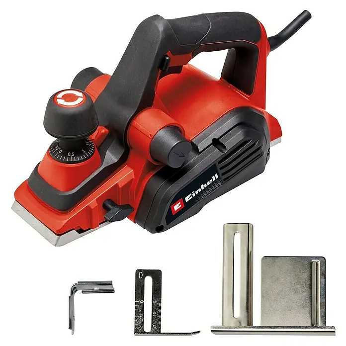 Einhell Elektrohobel TE-PL 920 - 920 W - Rot-schwarzer Elektrohobel mit Tiefeneinstellrad und verschiedenen Metallführungen.