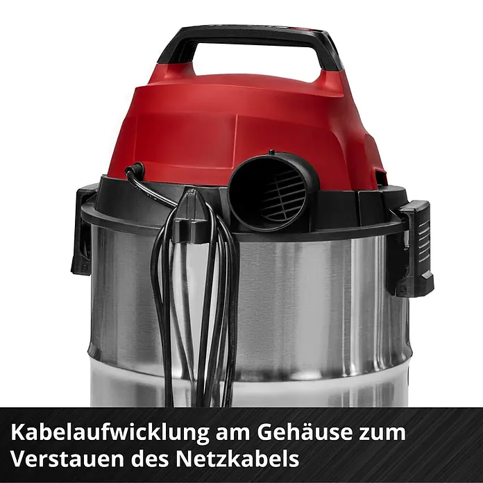 Einhell Nass-Trockensauger TC-VC 3055 S - 950 W, 30 l - Rot-silberner Nass-/Trockensauger mit ordentlich aufgewickeltem Netzkabel an der Gehäuseaufwicklung.