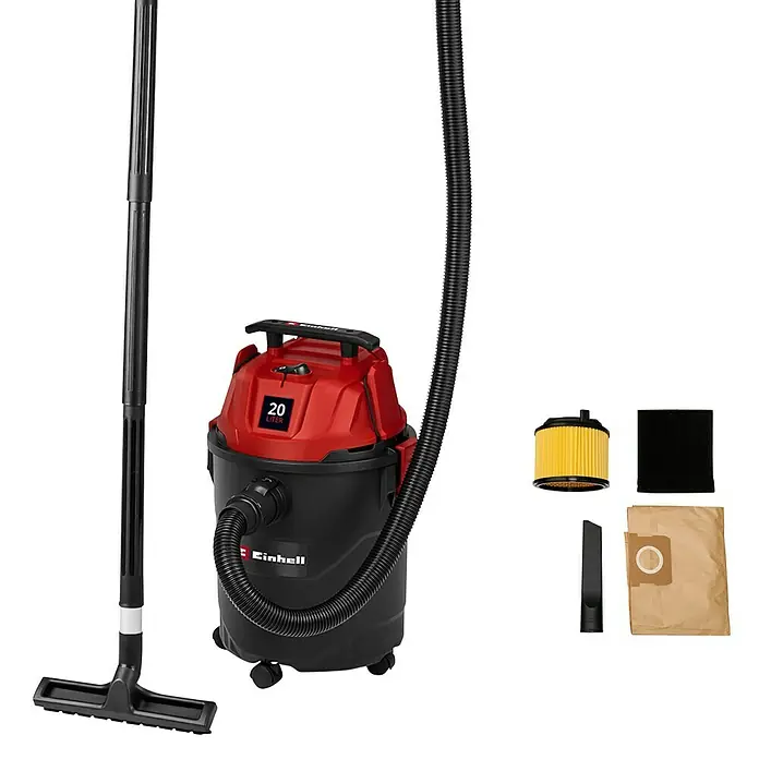 Einhell Nass-Trockensauger TC-VC 2045 - 850 W, 20 l - Roter und schwarzer Einhell Nass-Trockensauger mit Schlauch, Bodendüse, Fugendüse, Filtern und Staubbeutel.