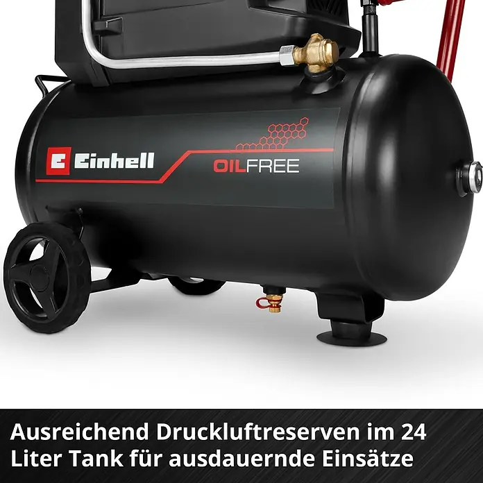 Einhell Kompressor TC-AC 190/24/8 - Max. Druck: 8 bar, 24 l, Schmierung: Ölgeschmiert - Schwarzer ölfreier Kompressor mit 24-Liter-Tank, roten Akzenten und Rädern für Mobilität.