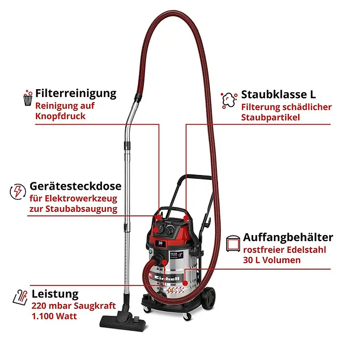 Einhell Elektro-Nass- & Trockensauger TE-VC 3080 SACL - 1.150 W, Behältervolumen: 30 l, Halbautomatisch - Roter und silberner Einhell Nass-Trockensauger aus Edelstahl mit Schlauch, Teleskoprohr und Saugdüse.