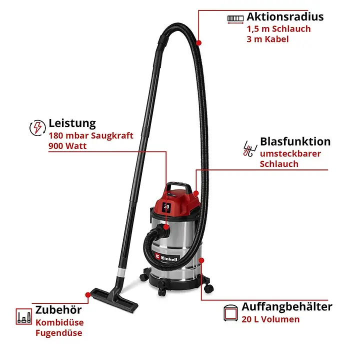 Einhell Nass-Trockensauger TC-VC 2045 S - 900 W, 20 l - Einhell Nass-Trockensauger mit Edelstahlbehälter, rotem Motorgehäuse und schwarzem Zubehör, Details zu Funktionen und Zubehör.