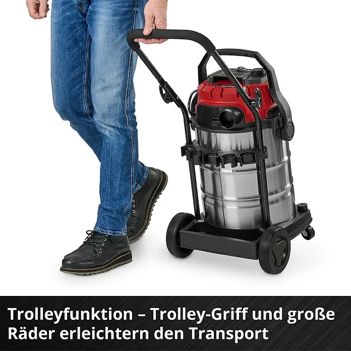 Einhell Elektro-Nass- & Trockensauger TE-VC 3080 SACL - 1.150 W, Behältervolumen: 30 l, Halbautomatisch - Rot-silberner Nass-/Trockensauger mit Trolley-Funktion, großem Griff und Rädern für einfachen Transport.