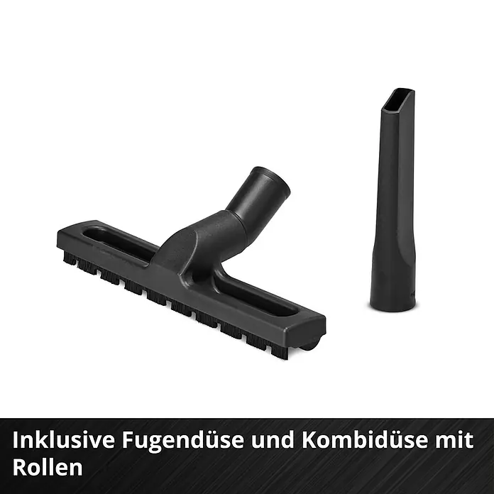 Einhell Nass-Trockensauger TC-VC 2045 - 850 W, 20 l - Zwei schwarze Staubsaugeraufsätze: eine Kombidüse mit Bürsten und Rollen und eine Fugendüse.