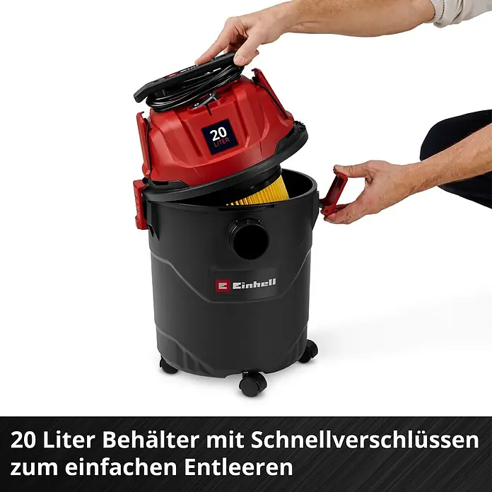 Einhell Nass-Trockensauger TC-VC 2045 - 850 W, 20 l - Roter und schwarzer Nass-/Trockensauger wird geöffnet, um den 20-Liter-Behälter und den gelben Filter zum Entleeren freizulegen.