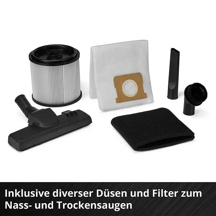 Einhell Elektro-Nass- & Trockensauger TE-VC 3080 SACL - 1.150 W, Behältervolumen: 30 l, Halbautomatisch - Schwarze Staubsaugerdüsen und diverse Filter (weiße Patrone, weißer Beutel, schwarzer Schaum) zum Nass- und Trockensaugen.