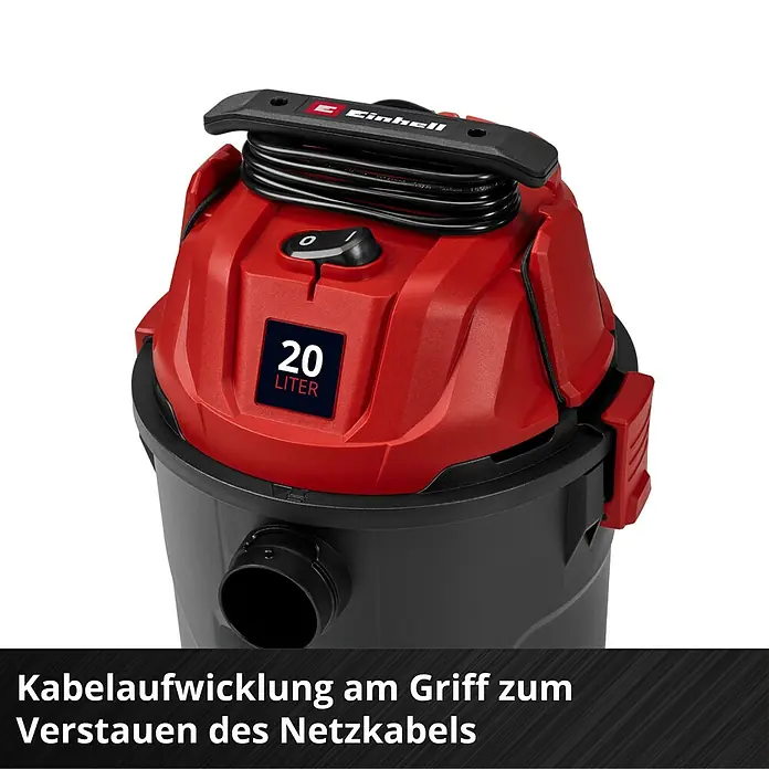 Einhell Nass-Trockensauger TC-VC 2045 - 850 W, 20 l - Rot-schwarzer Nass-Trockensauger mit Kabelaufwicklung am Griff zur Netzkabelaufbewahrung.